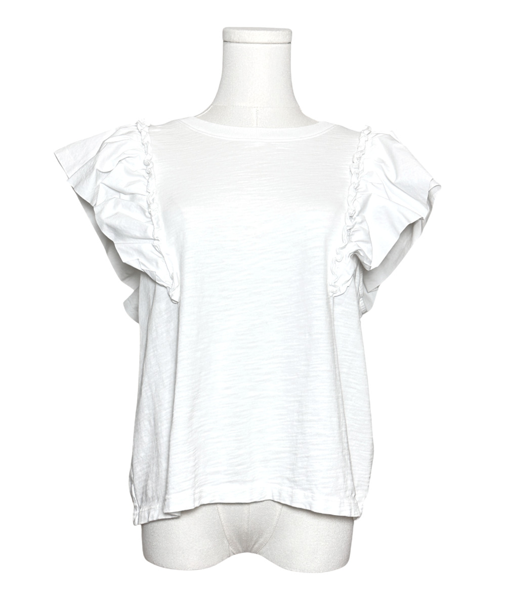 Nation LTD Ruffle Sleeve Cotton Slub Short Sleeve Crew Neck White Tee Large